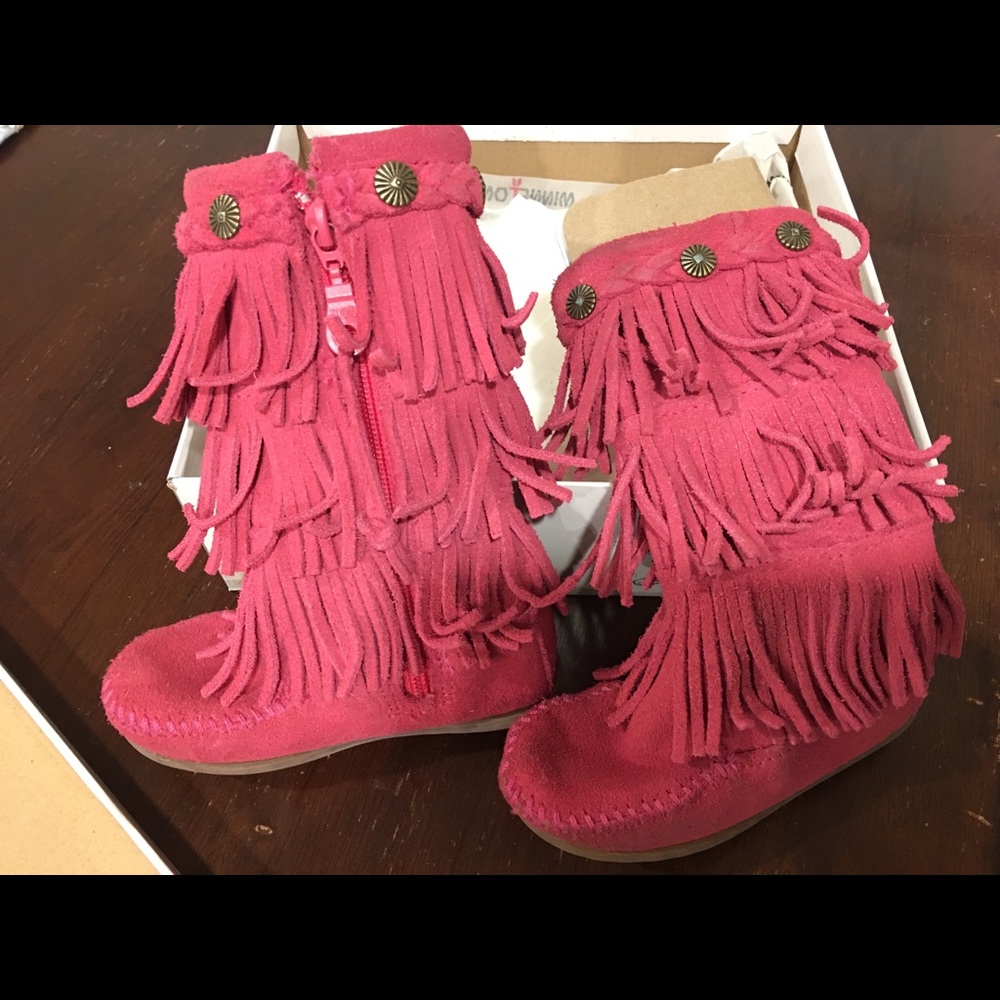 Minnetonka Tall Pink Mocs with Fringe